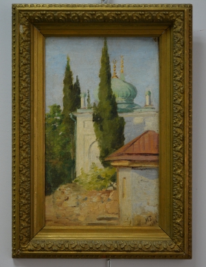 Демьянов, Михаил Александрович (1873 - 1913) Картина «Пейзаж с мечетью» холст, масло. 1904 г. размер 17х35см
