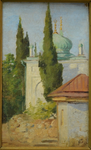Демьянов, Михаил Александрович (1873 - 1913) Картина «Пейзаж с мечетью» холст, масло. 1904 г. размер 17х35см