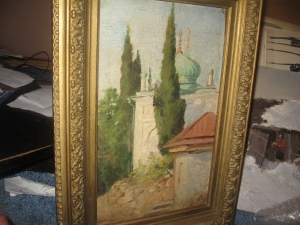 Демьянов, Михаил Александрович (1873 - 1913) Картина «Пейзаж с мечетью» холст, масло. 1904 г. размер 17х35см